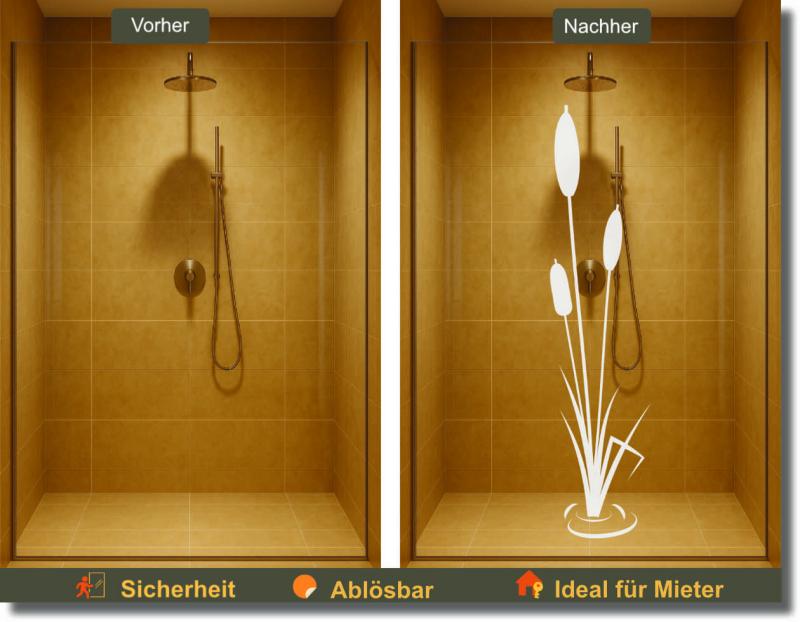 Milchglasfolie mit filigranen Schilfrohren und Wasserkreis als dekorativer Sichtschutz für moderne Glasduschen.